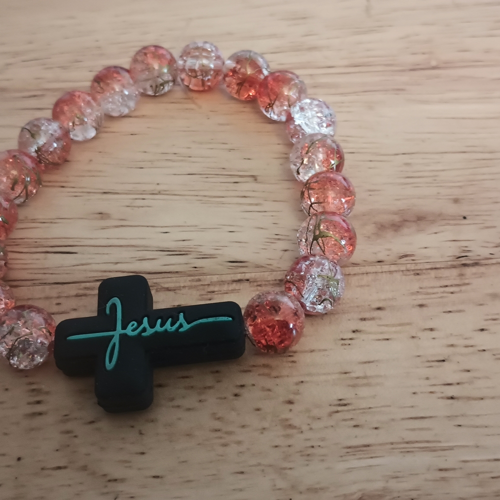 Wrist Bracelet Jesus Cross Blue And Black Beads Are Orange And White